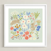 "Bunnies in the Garden" - Art Print in Seafoam Blue by Anne Lehman Stolpe - Framed