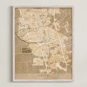 "Stockton, CA, vintage-looking city map" - Art Print in Sepia by Rosana Laiz Blursbyai - Framed