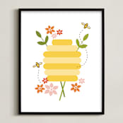 "Buzzing Beehive" - Art Print in Poppy by Katie Wahn - Framed
