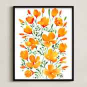 "Watercolor California poppies bouquet" - Art Print in Orange and green by Rosana Laiz Blursbyai - Framed