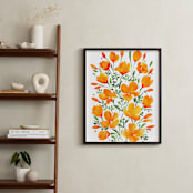 "Watercolor California poppies bouquet" - Art Print in Orange and green by Rosana Laiz Blursbyai - In a Room
