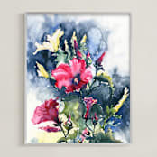 "Morning Glory pink and yellow" - Art Print in crimson pink by Eva Marion - Framed