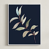 "Botanical Leaves in Blue I" - Art Print in navy blue by Nika Martinez - Framed Canvas