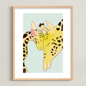 "Mama and Baby Giraffe" - Art Print in Mint Green by Char-Lynn Griffiths - Framed