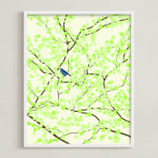 "Plum tree with Birds in Spring" - Art Print in Green Blossoms by Jorey Hurley - Framed