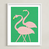 "Flamingo Amigos" - Art Print in grass green by Elliot Stokes - Framed