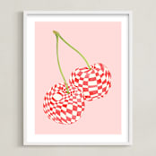 "Checkerboard Cherries" - Art Print in Pastel Pink by Luci Power - Framed