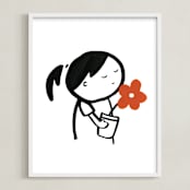 "Girl with Flowers" - Art Print in Black and White by Mayel - Framed