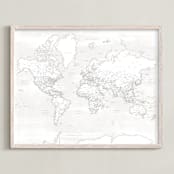 "Maeli white detailed world map" - Art Print in Almost white by Rosana Laiz Blursbyai - Framed