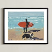 "Dog Beach Carmel; Surfer with Dog" - Art Print in Pacific Blue by Annie Seaton - Framed
