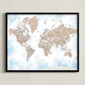 "Ghada detailed world map" - Art Print in Blue and brown by Rosana Laiz Blursbyai - Framed