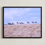 "Seagulls on Sand Hill" - Art Print in Calm Blue by AreekaDesigns - Framed