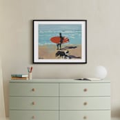 "Dog Beach Carmel; Surfer with Dog" - Art Print in Pacific Blue by Annie Seaton - In a Room