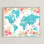 "Halen floral world map" - Art Print in Colorfully tropical by Rosana Laiz Blursbyai - Framed