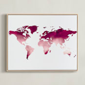 "Burgundy Watercolor World Map" - Art Print in Burgundy by Katrina Lindhorst - Framed Canvas