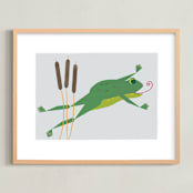 "Leap Frog Leap!" - Art Print in Leaping green by Rebecca Marchese - Framed