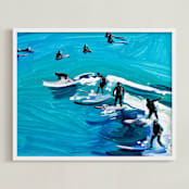 "Surfers at Sunset" - Art Print in Ultramarine Blue by Annie Seaton - Framed