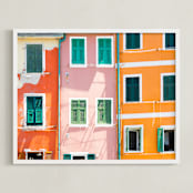 "Riomaggiore" - Art Print in Tangerine by Heather Deffense - Framed