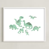 "Darling Dinos" - Art Print in Fern by Jessie Steury - Framed
