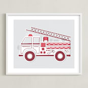"Fancy Firetruck" - Art Print in Retro Red by Jessie Steury - Framed