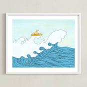 "dog surfing" - Art Print in Sea Blue by Helen H Wu - Framed