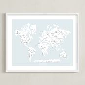 "Beautiful World Map" - Art Print in Soft Sky by Jessie Steury - Framed