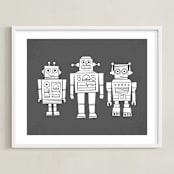 "Robot Buddies" - Art Print in Charcoal by Jessie Steury - Framed