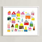 "Home + Hearts" - Art Print in Pink Rainbow by Shelley Kommers - Framed