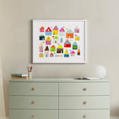 "Home + Hearts" - Art Print in Pink Rainbow by Shelley Kommers - In a Room
