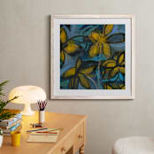 "Shining Flowers Series 1" - Art Print in Vibrant Blue and Yellow by Angela Simeone - In a Room