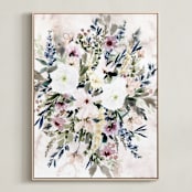 "Summer Blooms No.1" - Art Print in olive, tan greens with pinks by Kate Nelson - Framed Canvas