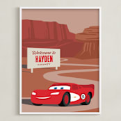 "Lightning McQueen Route 66 from Disney and Pixar's Cars" - Personalized Art Print in Red Rock by Jill Means - Framed