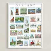 "Oakland Landmarks" - Art Print in Green and Blue by Valerie Hamill - Framed