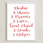 "Reindeer Names Holiday" - Art Print in Red by Megan Kelso - Framed