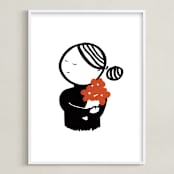 "Lady Holding Flowers" - Art Print in Black and White by Mayel - Framed