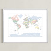 "Pastels nursery world map " - Art Print in Pastel colors by Rosana Laiz Blursbyai - Framed