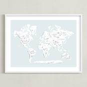 "Beautiful World Map" - Art Print in Soft Sky by Jessie Steury - Framed