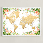 "Blythe floral world map with cities" - Art Print in Colorful florals by Rosana Laiz Blursbyai - Framed