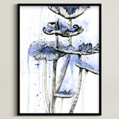 "Blue Mushrooms" - Art Print in Cornflower Blue by Emily Magone - Framed