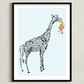 "Designer Giraffe with flowers" - Art Print in Sky by Kanika Mathur - Framed