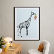 "Designer Giraffe with flowers" - Art Print in Sky by Kanika Mathur - In a Room