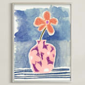 "Blue background vase of flower" - Art Print in blue stripes by Bethania Lima - Framed