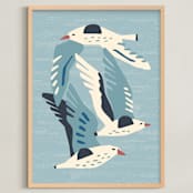 "Seagulls" - Art Print in Neutral Blue Green by Roochita Chachra - Framed