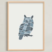 "Owl Geometry" - Art Print in Steel Blue by Jennifer Morehead - Framed