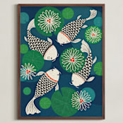 "Koi Fish & Lily Pads" - Art Print in Blue Pond by Carey Copeland - Framed