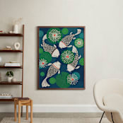 "Koi Fish & Lily Pads" - Art Print in Blue Pond by Carey Copeland - In a Room