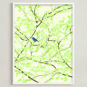 "Plum tree with Birds in Spring" - Art Print in Green Blossoms by Jorey Hurley - Framed