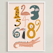 "Safari Friends Numerals" - Personalized Art Print in Flamingo by Jenna Holcomb - Framed
