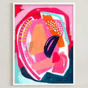 "Picking Strawberries" - Art Print in Bubble Gum Pink by Jennifer McCully - Framed