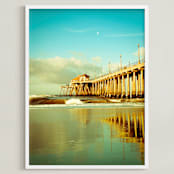 "Huntington Beach Pier Reflections" - Art Print in turquoise blue by Debra Butler - Framed